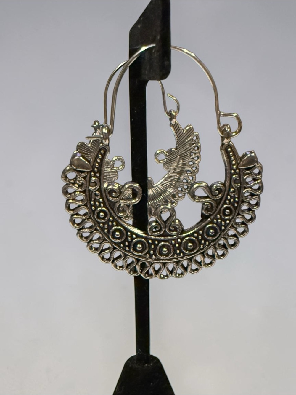 Ornate Crescent Hoop Earrings Boho Tribal Antique Silver Filigree Cutout